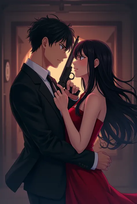 anime couple kissing, man hold pistol and women hold knife in neck man