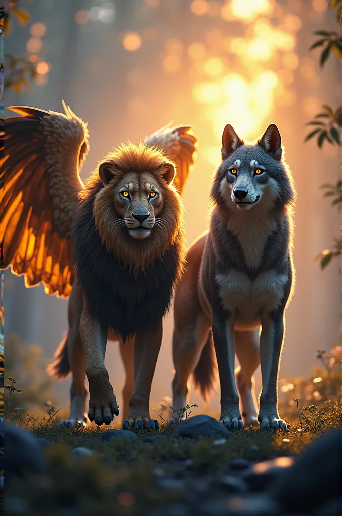 "a breathtaking, vibrant scene featuring an epic fusion of two hybrid animals—a lion with eagle wings and a wolf with dragon sca...