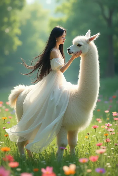  A Korean woman with long black hair wearing a white dress of soft material rises and sits on the back of a white alpaca , Green...