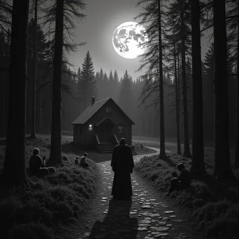  high resolution ,  Black and white image, forest with lots of tall trees ,  Style Horror movie , with a creepy path to a destro...