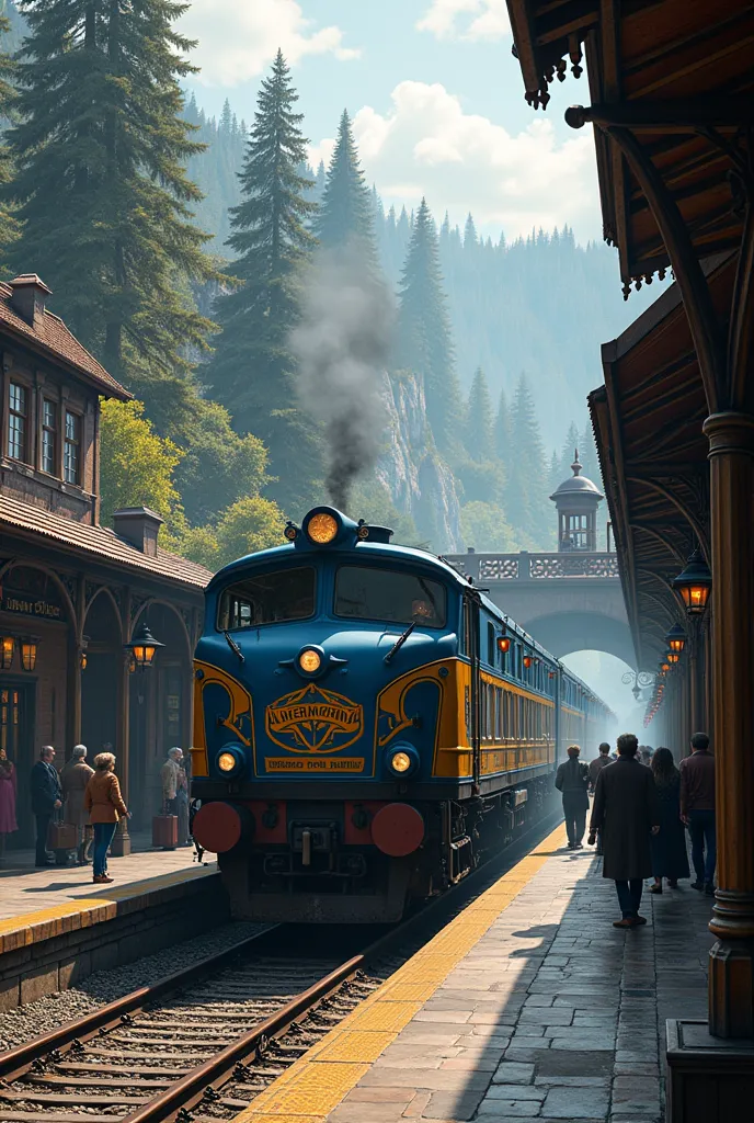 a rustic train station in the style of the united states  , with a 20th-century train in blue and yellow colors that has the wor...