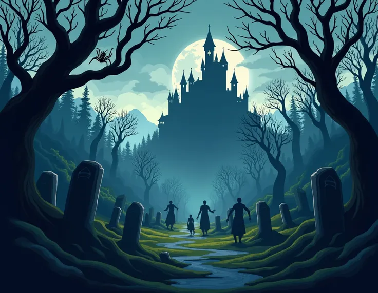 dark forest, haunted castle, graveyard, spider webs, in digital art cartoon anime style, flat colors only