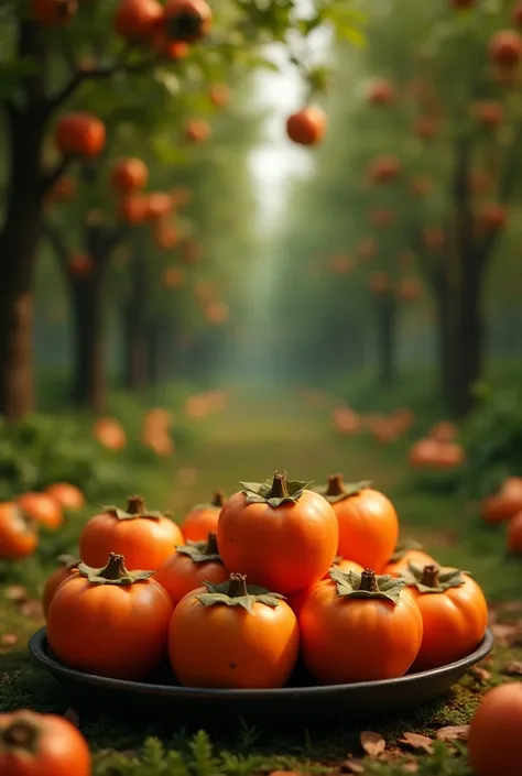 Persimmon fruit on a tray and a green background with several persimmon trees,  and several persimmons in the background ,  and ...