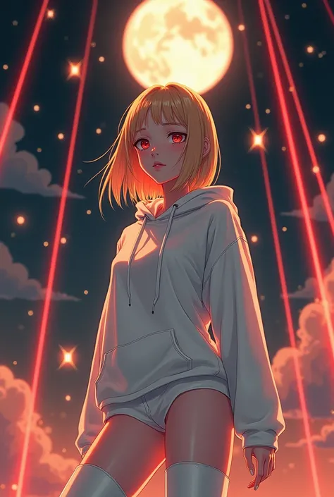  Anime 2d art .in profile, Red eyes, straight golden hair bob haircut ,modern white hoodie,bare legs, white thigh high boots ,gl...