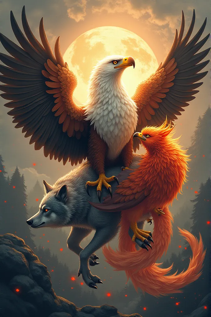 eagle, wolf and phoenix, picture together, mixed together, beautiful.