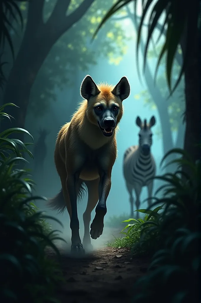 depict the hyena running away into the dark jungle, looking back in fear. the jungle should be shadowy, with the zebra and the g...