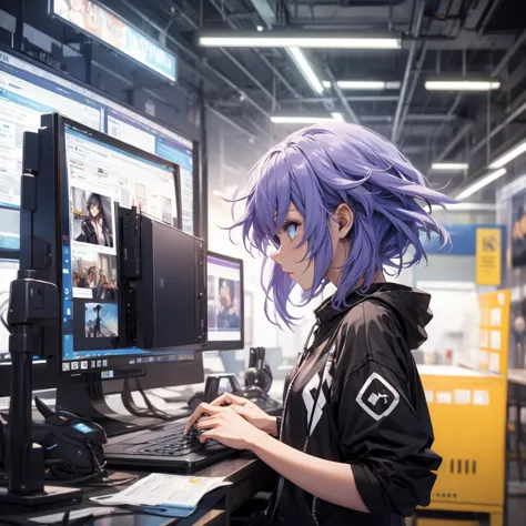 foreground,  front side profile, urban clothing playing on the computer concentrated