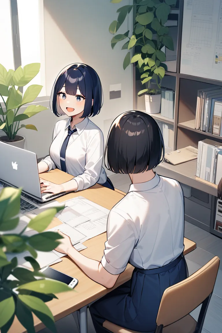 a man sitting at a desk facing his computer and a woman with a smartphone standing next to her。 the man is a college student and...