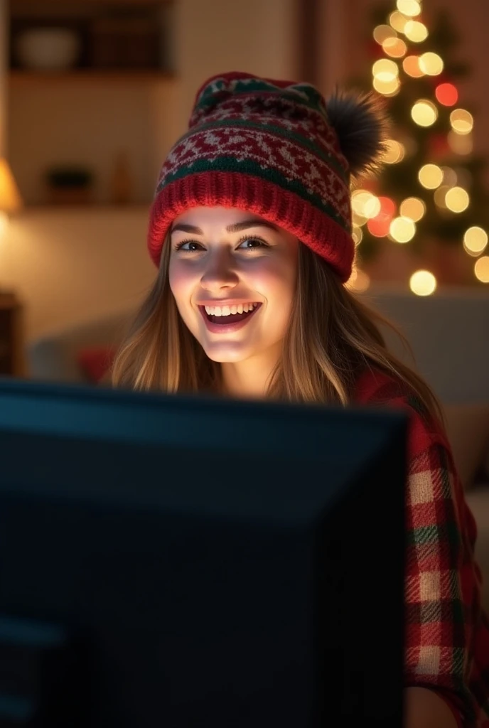 TV girl with Christmas hat