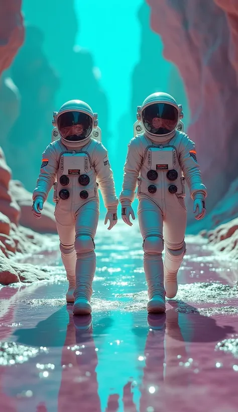 an amateur photo of two astronauts walking next to each other through a different and colorful world similar to ours, on snapcha...