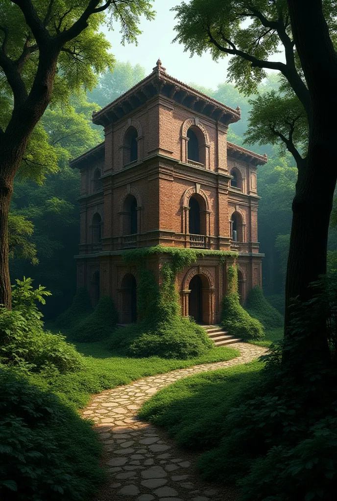 an old brick palace in a dense forest. seen from above.