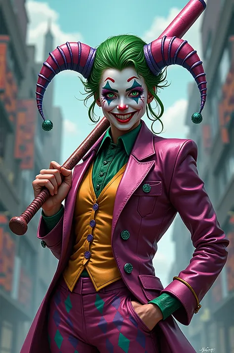 a guy with the same appearance and color palette as harlequin,  mixed with some colors of the joker , holding a bat and anime-st...