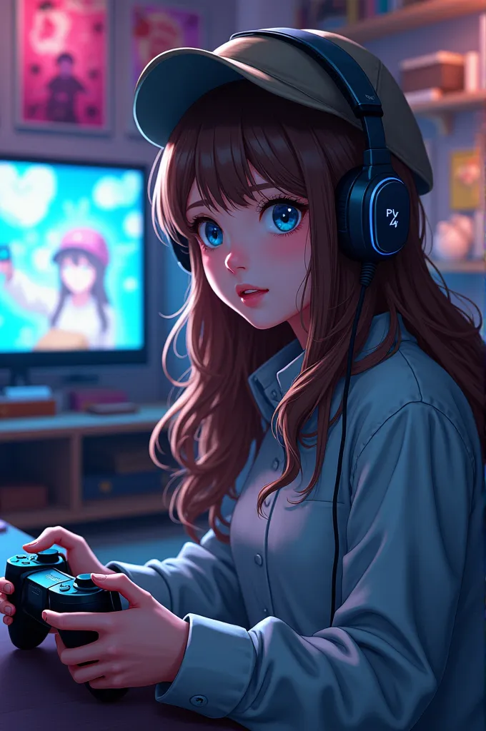 young woman of 21 years old plays a playstation with brown hair and blue eyes who is wearing a hat upside down, controller in ha...