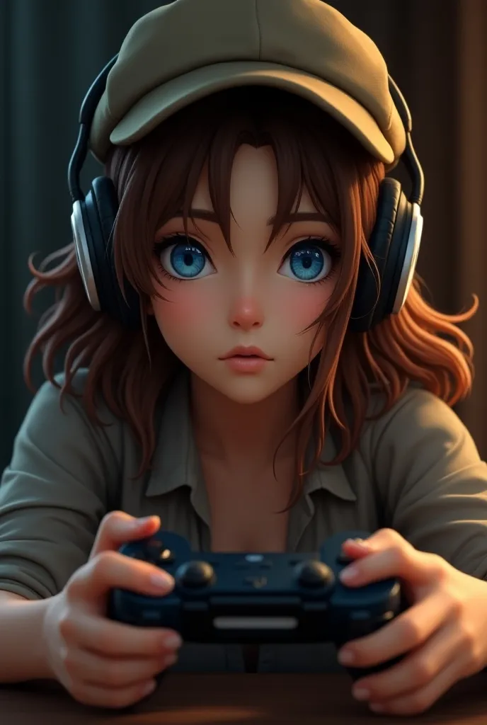 young woman of 21 years old plays a playstation with brown hair and blue eyes who is wearing a hat upside down, controller in ha...