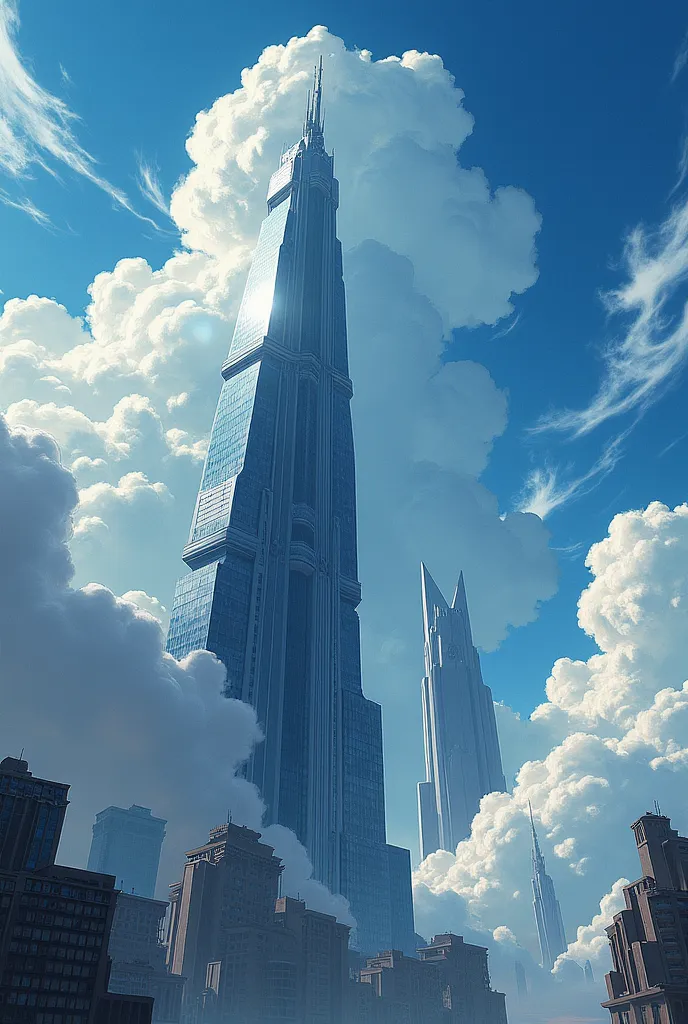 skycraper and clouds background anime style, citadel of half life 2, bottom view