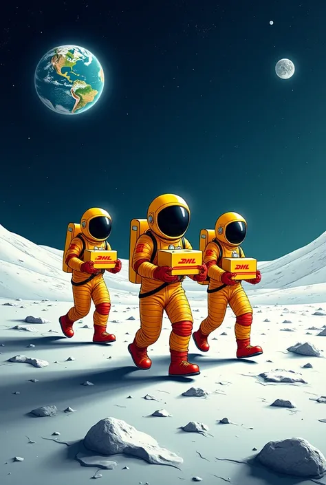 3 astronauts in a yellow and red dhl cartoon. with stars on the moon and the earth . delivering a package of dhl