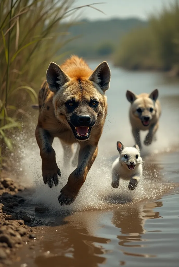 a heyna was chasing a white rabbit cub and an elephant cub on the riverbank