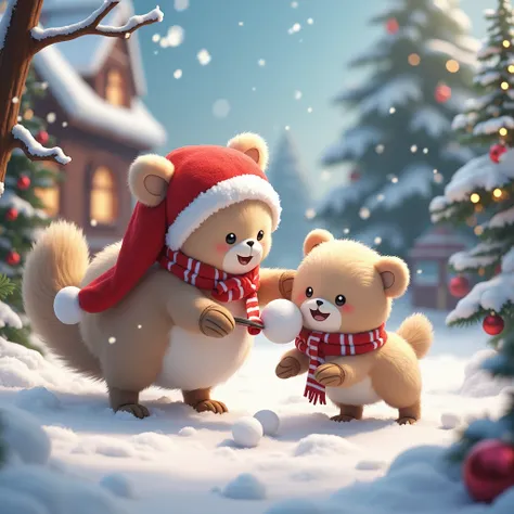 , cute little fluffy furry robotic christmas creature disguise playing with friends , throwing snow, happy, , christmas theme...