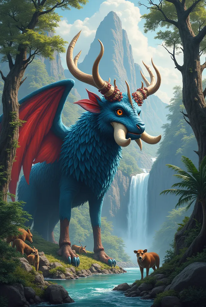 a mythological beast is in a beautiful and beautiful mystical forest .  the animal has a blue sky body which is very pretty and ...