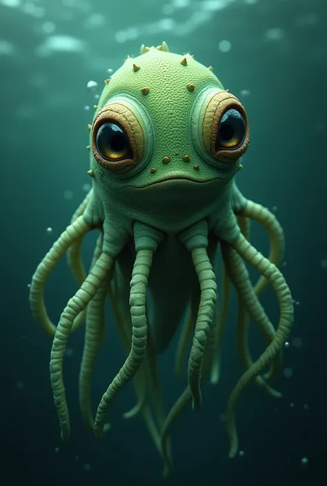 sea monster ,  green color , many eyes,  the size of a small toe,  with many arms