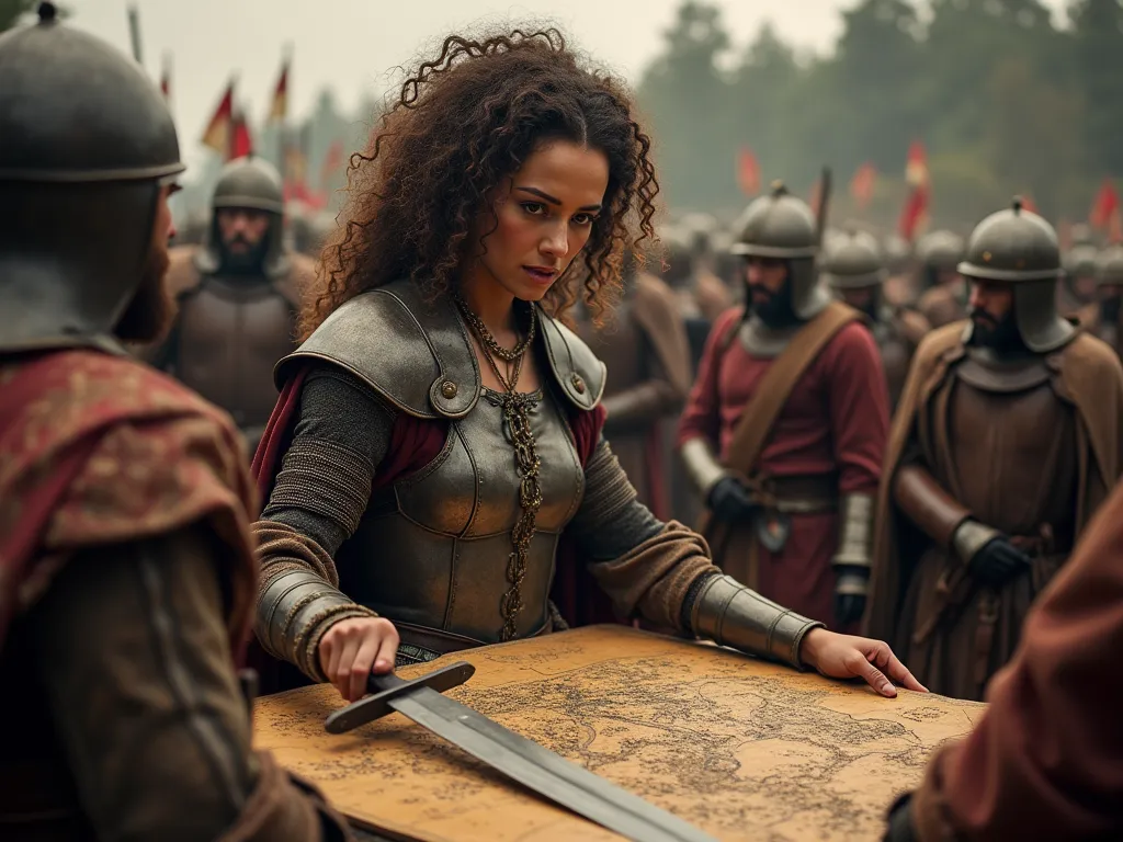 a medieval woman with curly hair and armor, making a battle strategy. around her, there's a large wooden map, and she's holding ...