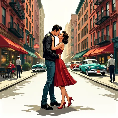 Do one of a 1950s couple kissing , rockabilly. In the middle of the street in New York in the 1950s. 1950. White background. (...