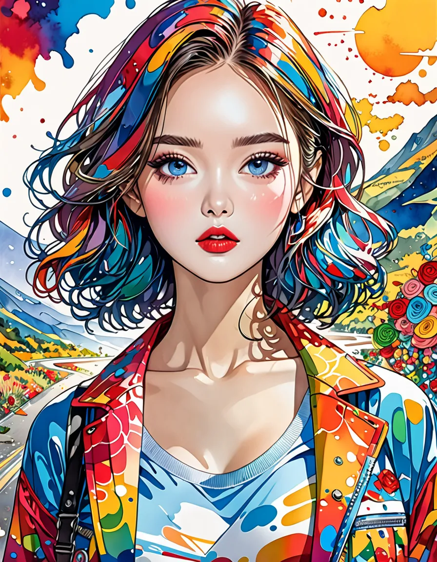 micho style、(((stylish fashion))), 8k quality、intense watercolor, detailed watercolor art, watercolor splash, surreal, avant-gar...