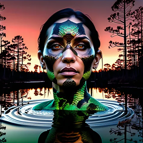 woman, emerging from the still lake water, her plain gorgon face is reflected on the surface of the water as perfect reflection,...