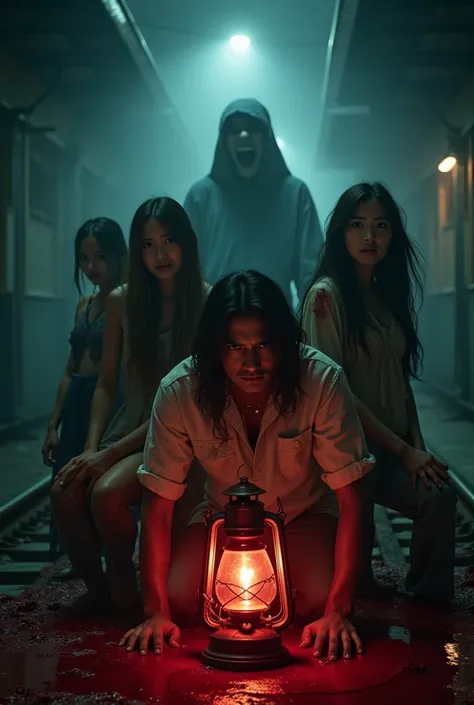 teaser poster realistic menampilkan film horror  features a handsome imdonesian man  ,  and beautiful indomesian girls ,  wearin...