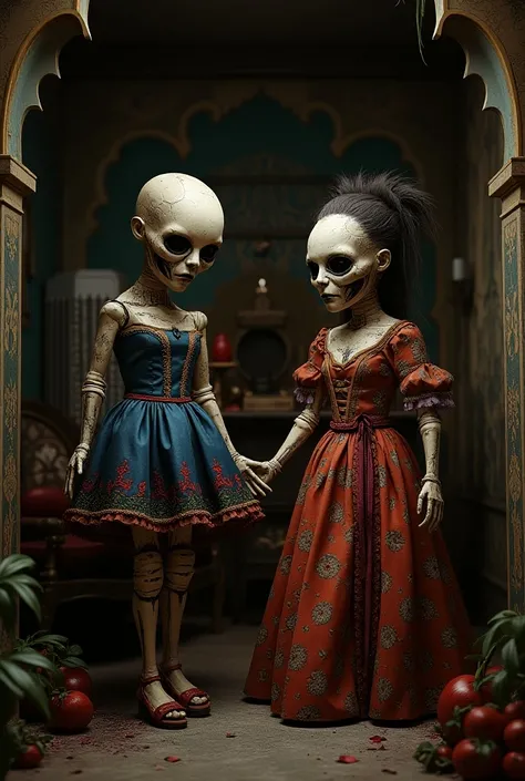 "A chilling image of life-sized dolls made from mummified s, dressed in colorful clothing and adorned with makeup. The dolls sho...