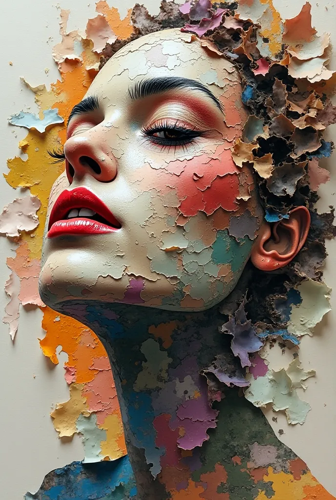 create creative abstract art, like a collage, shredded paper, the woman with the face is inspired by the artwork of moebius.