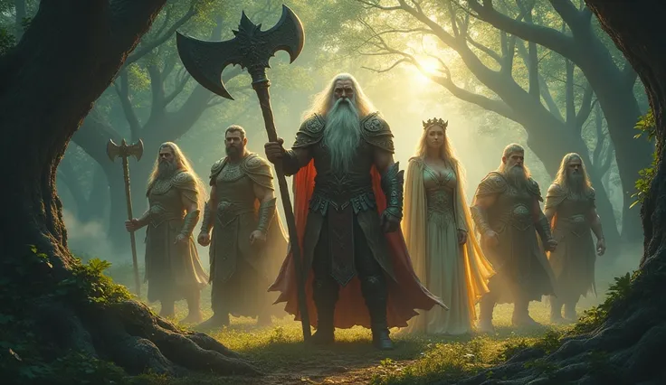 a gathering of slavic gods, standing heroically in a misty, enchanted forest, surrounded by ancient oak trees and glowing runes,...