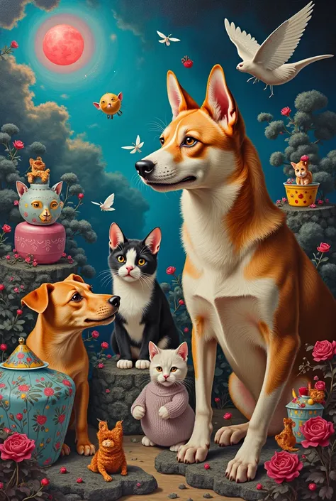 for、 there are paintings of dogs and cats with lots of colorful objects,  ultrafine detailed paintings by wolf hoover  , tumbler...