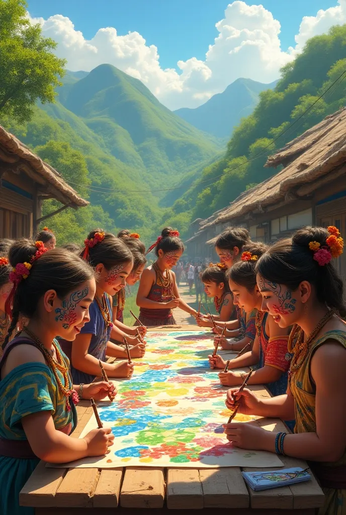 in the village in the valley, the festival is celebrated .  around the huge table at the festival, ren women men draw pictures t...