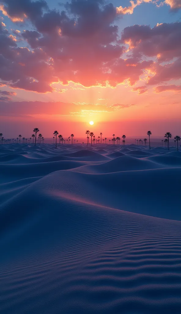 as the desert sun dips below the horizon, its final rays cast a golden glow over the vast expanse of sand dunes. the scene is a ...