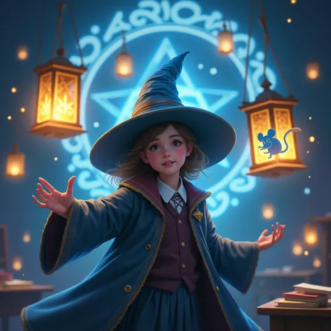 masterpiece, 1 girl（figure of a wizard ,  i'm in a magic school classroom ,  shining blue ）, 1 lantern（青色に光っている） there are 3 lan...