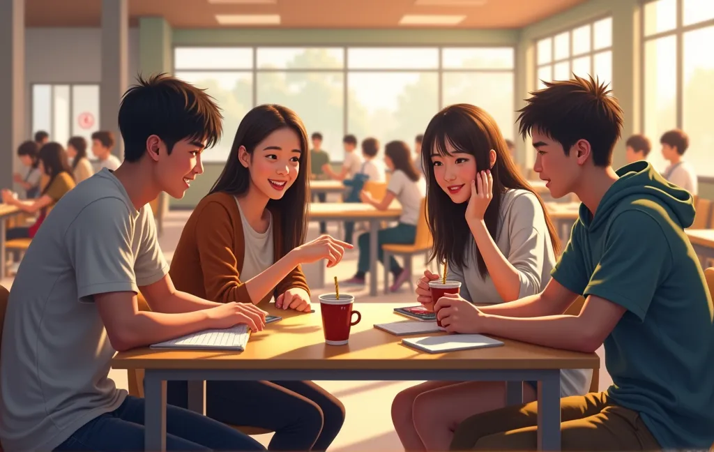 4 students sitting in a cafeteria talking to each other about the image that the image is horizontal