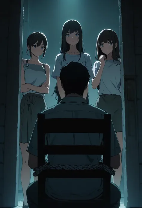 anime, masterpiece, world masterpiece, super-fine, a high resolution, illustration, 3 women standing in a basement doorway, they...