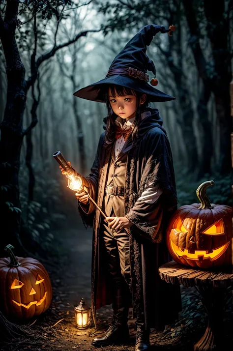 "young wizard,  halloween night、 i'm holding a flashing torch next to a mysterious pumpkin and i'm wearing the finest costume , ...