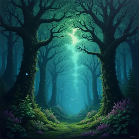 magic forest

• description: a fantasy forest where the trees are tall and the sky is covered with intertwined branches, while s...