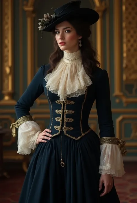 mysterious beautiful brunette woman, (((hourglass figure))), (((massive breasts))) dressed in 1710s men's versailles men's costu...