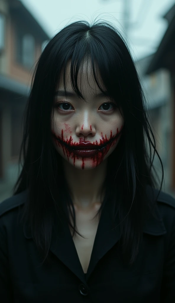 the korean woman, with black hair, revealing a mouth cut from ear to ear, full of scars, gives her mouth to her ear and with a g...