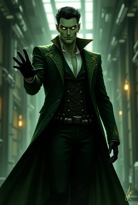 illustrate a male supervillain with an eerie and enigmatic appearance, wears a fitted dark green and black suit adorned with lab...