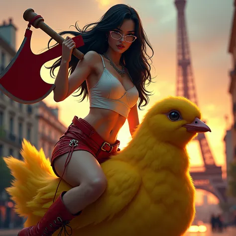 sexy woman wearing a white and red skirt and glasses with extra long black hair holding a red axe riding a yellow chick on the s...