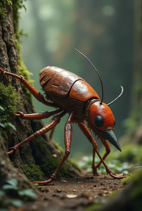 "Create an imaginative hybrid creature combining features of a cockroach and a woodpecker. The creature should have the slender,...