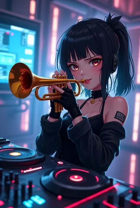 a black-haired anime girl playing a futuristic electric trumpet and in a booth with a futuristic dj mixer