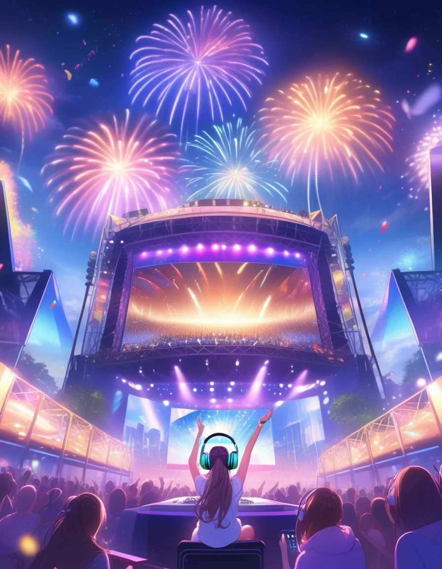 a vibrant school festival live stage at night, fireworks lighting up the sky above, in a detailed anime art style, a girl sittin...