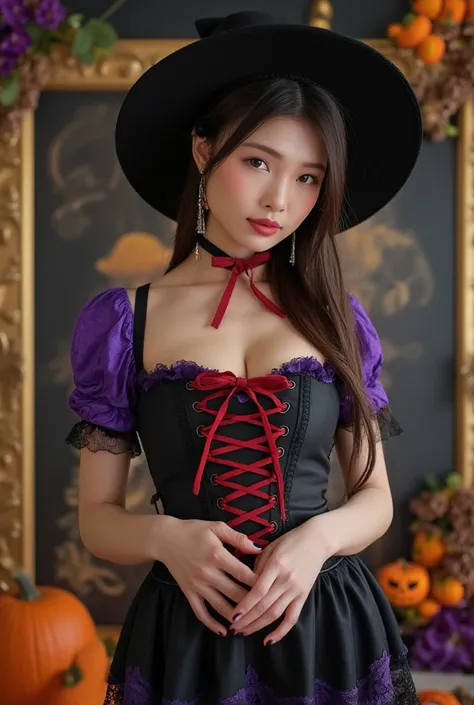 busty and sexy girl, 8k, masterpiece, ultra-realistic, best quality, high resolution, high definition, halloween, witch dress, w...