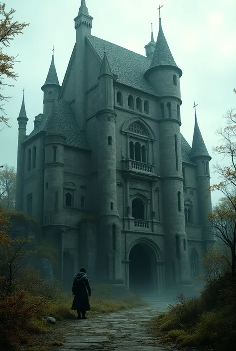 an huge and a very abandoned old castle with an unique roof from a very close up view from lower perspectives