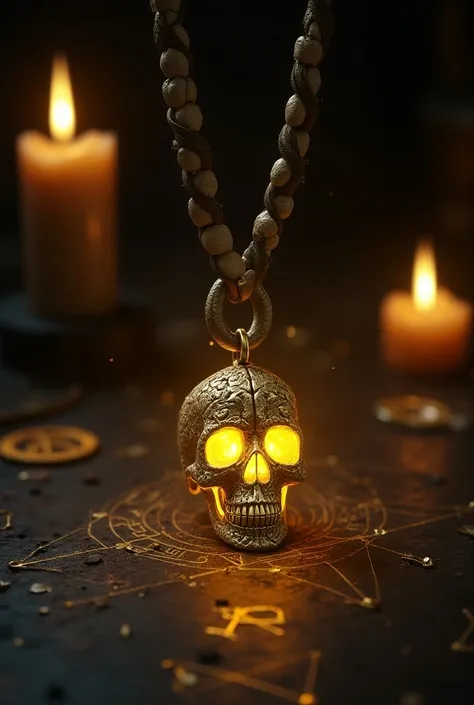 create a magical skull necklace , highlight on the necklace ,  in a macabre setting with candles and symbols on the floor ,  the...